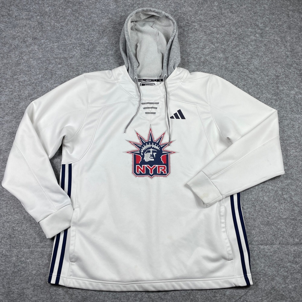New York Rangers Hoodie Mens L White Adidas NHL Lady Liberty Lace Up Aeroready